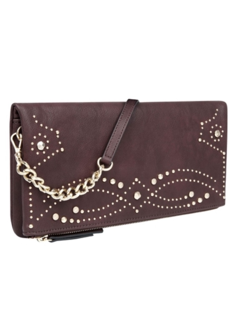 NEW Nine West Ifeya Crossbody Gold Metal Clutch Brown Studded Handbag